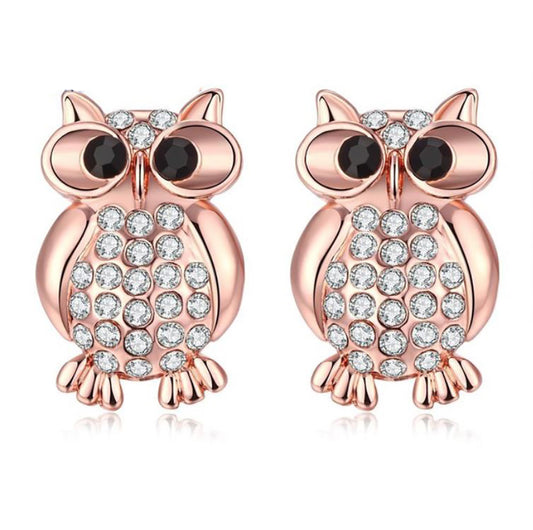 Hoot Owl Stud Earrings Rose Gold Plated Cz Teacher Women Ginger Lyne Collection