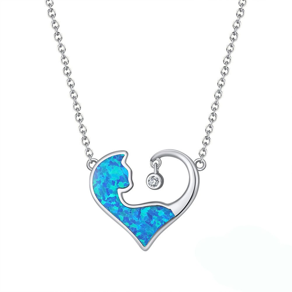 Cat Heart Pendant Necklace for Women Blue Fire Opal CZ Sterling Silver Ginger Lyne Collection - Silver