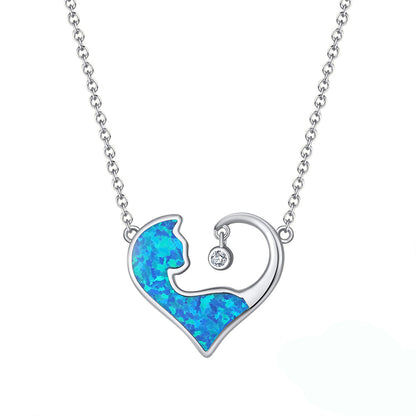 Cat Heart Pendant Necklace for Women Blue Fire Opal CZ Sterling Silver Ginger Lyne Collection - Silver