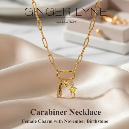 Carabiner Family Birthstone Necklace for Mom or Grandma by Ginger Lyne Stainless Steel CZ Birthday Charms_Female-November-Gold-2
