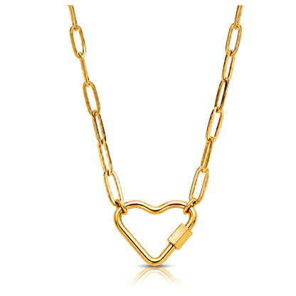 Gold Plated Heart Carabiner Charm Holder Necklace Paperclip Chain 22mm Heart Clasp 18-20 Inch Stainless Steel by Ginger Lyne - Gold-PaperclipChain/Heart CH