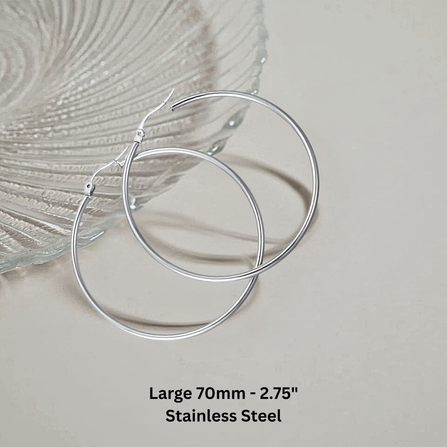 Large Plain Hoop Earrings for Women Silver Tone Stainless Steel Ginger Lyne Collection - 70mm-Silver