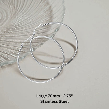 Large Plain Hoop Earrings for Women Silver Tone Stainless Steel Ginger Lyne Collection - 70mm-Silver