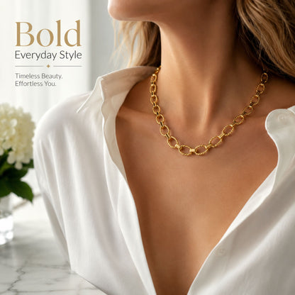 Oval Rope Link Circle Chain Necklace for Women 18KT Gold Plated Stainless Steel 19" Ginger Lyne Collection