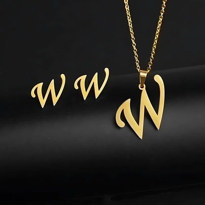 Initial Letter Pendant Necklace Earrings Set for Women Gold Plated Stainless Steel by Ginger Lyne - W