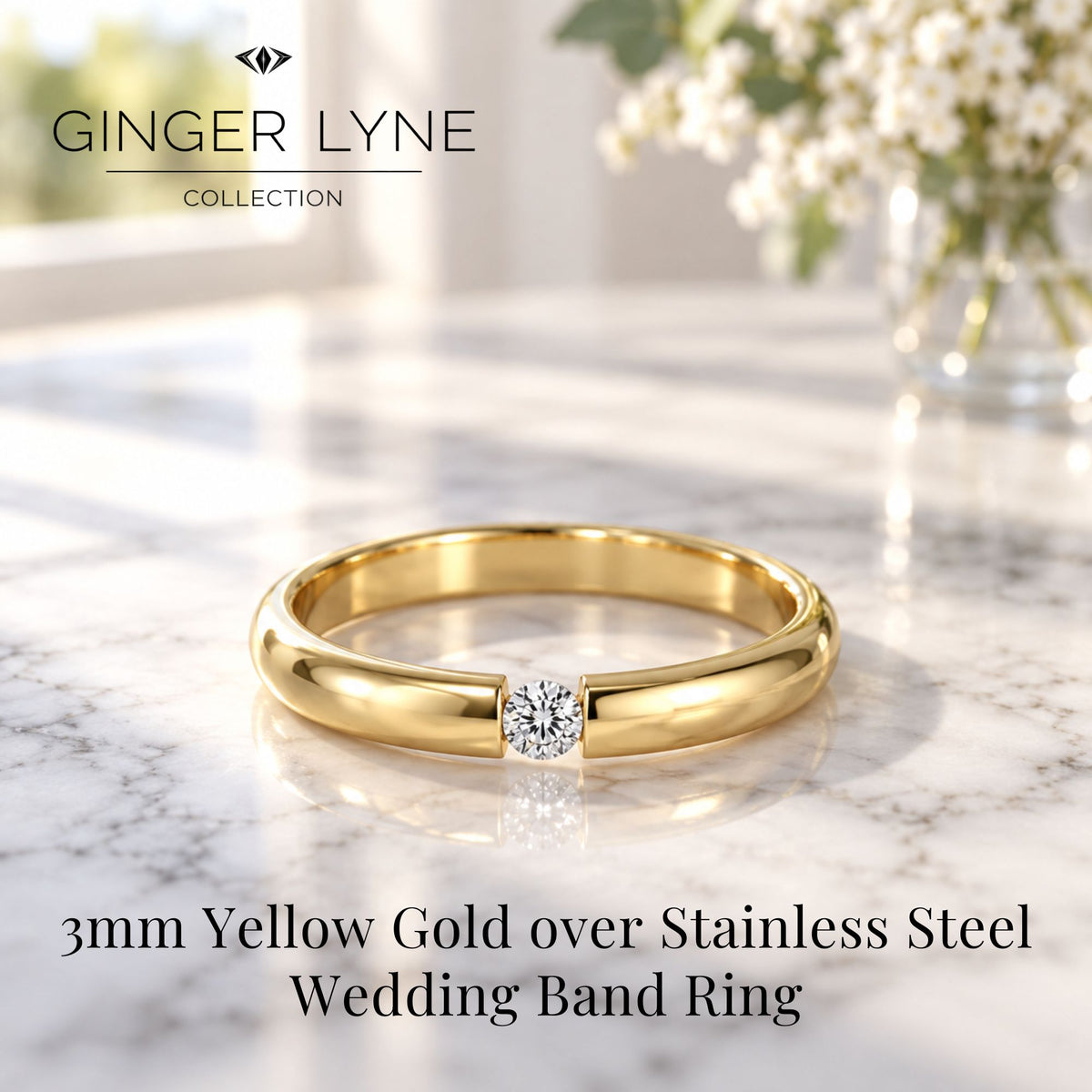 GoldToneWeddingBandRingforWomenorMen3mmStainlessSteelCZGingerLyneSize10_Gold-3