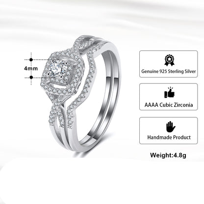 Wedding Ring Set for Women Halo CZ  White Gold Sterling Silver Engagement Ring Ginger Lyne Collection