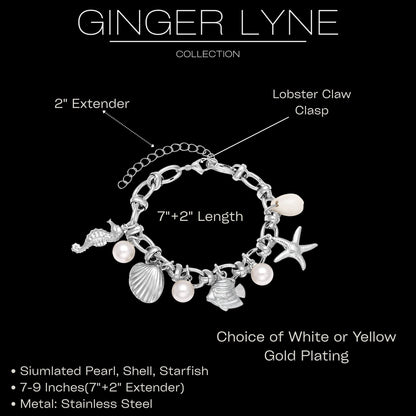 Seashell Charm Bracelet for Women by Ginger Lyne Gold Plated Stainless Steel Pearls Starfish and Shells