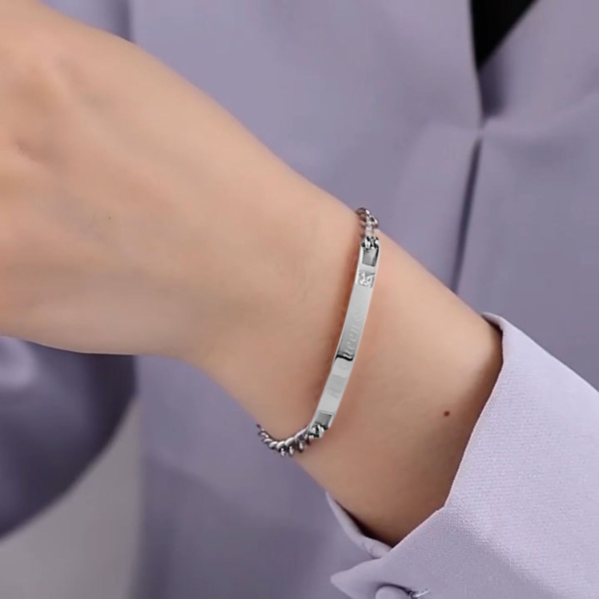 HisQueenorHerKingBraceletforWomenbyGingerLyneStainlessSteelIDStylePinkCZAdjustableto7.5"_Silver-8