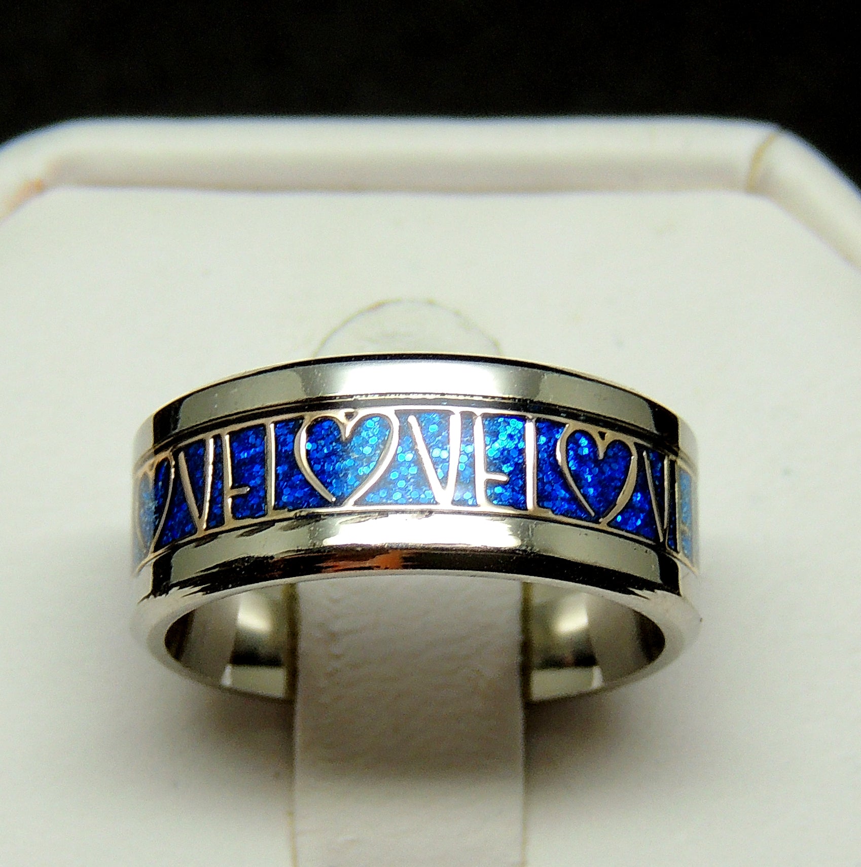 LoveBlueStainlessSteelWeddingBandRingMensorWomensGingerLyneCollection_Blue-4