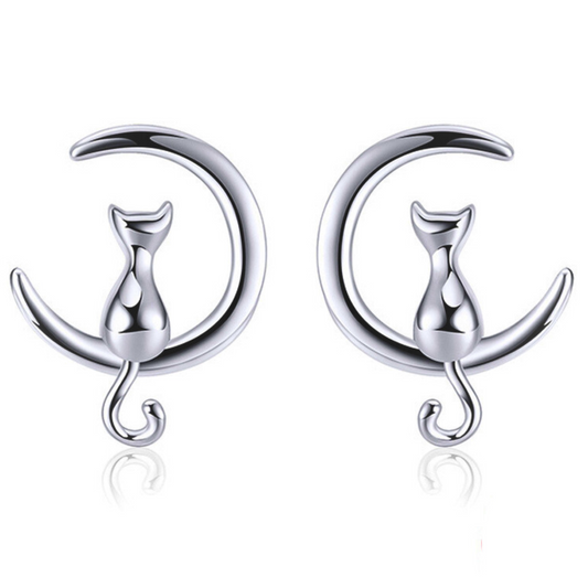 Kitty Cat Moon Stud Earrings for Women Sterling Silver Ginger Lyne Collection