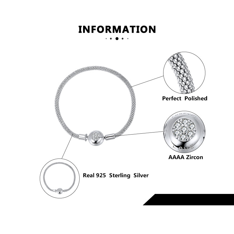 Snake Chain Charm Bracelet Sterling Silver Cz Love Clasp Ginger Lyne Collection - 19cm Mesh