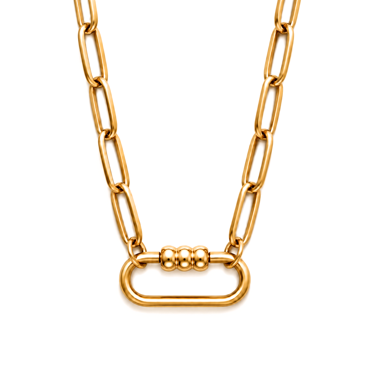 Gold Plated 3 Bead Screw Rectangle Carabiner Charm Holder Necklace Paperclip Chain 18-20 Inch Stainless Steel by Ginger Lyne - Gold-PaperclipChain/Rect 3 Bead CH