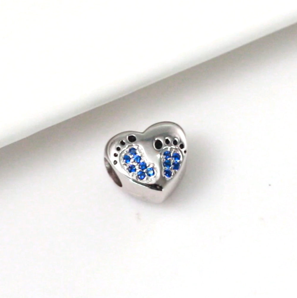 Baby Footprints Heart Charm European Bead CZ Sterling Silver Ginger Lyne Collection - Blue