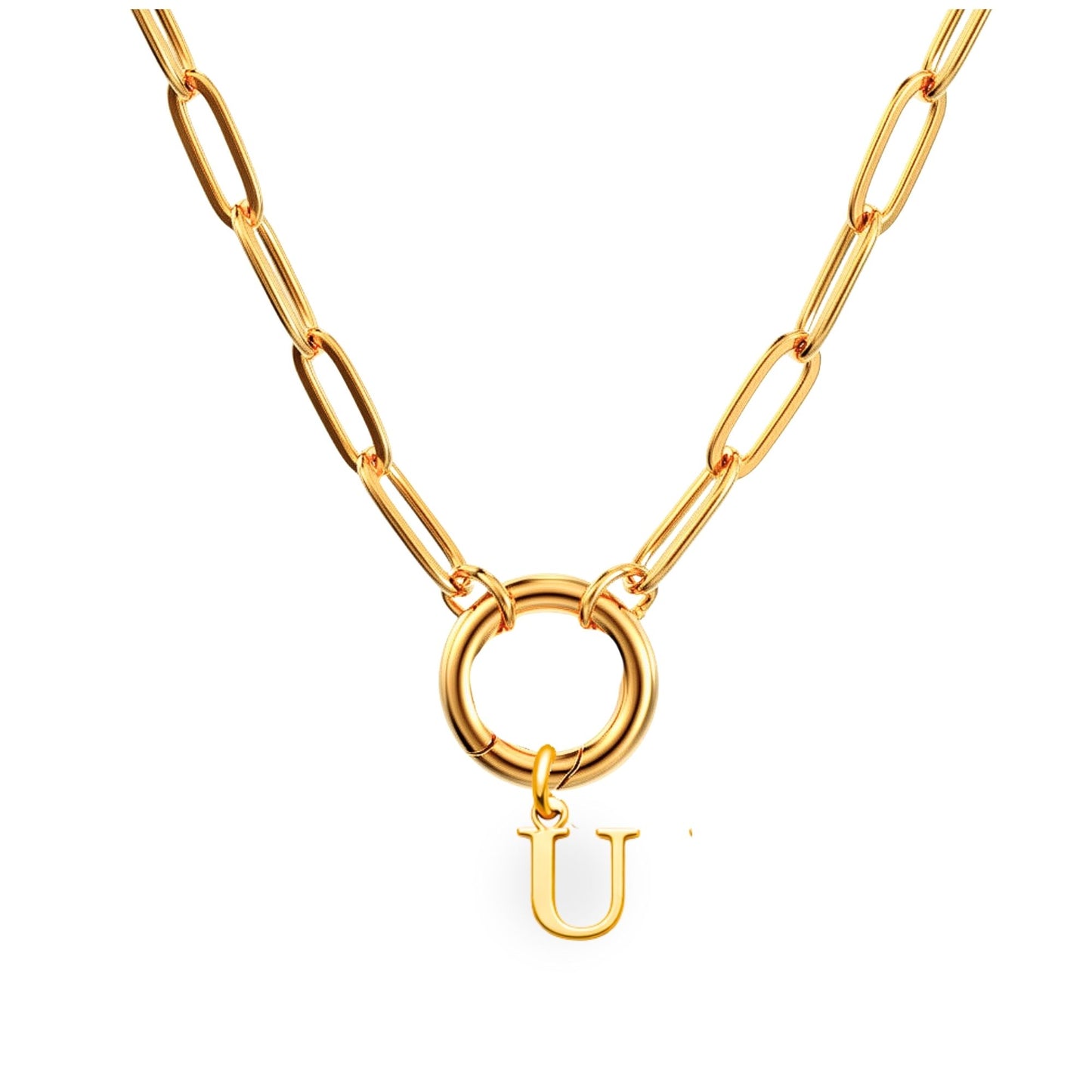 PaperclipLinkCircleCarabinerIntialLetterCharmHolderNecklaceforWomen18ktGoldPlatedStainlessSteelGingerLyne_Gold-U-1