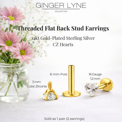 Ginger Lyne Solitaire Heart Flat Back Stud Earrings Sterling Silver Cubic Zirconia Body Jewelry - Gold-3mmCZ-16G-8mmPost
