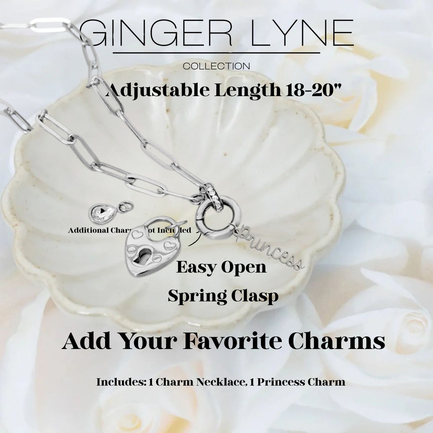 Ginger Lyne Paperclip Chain Carabiner Holder Necklace Princess Charm for Women Stainless Steel 18-20" Adjustable - Silver Tone