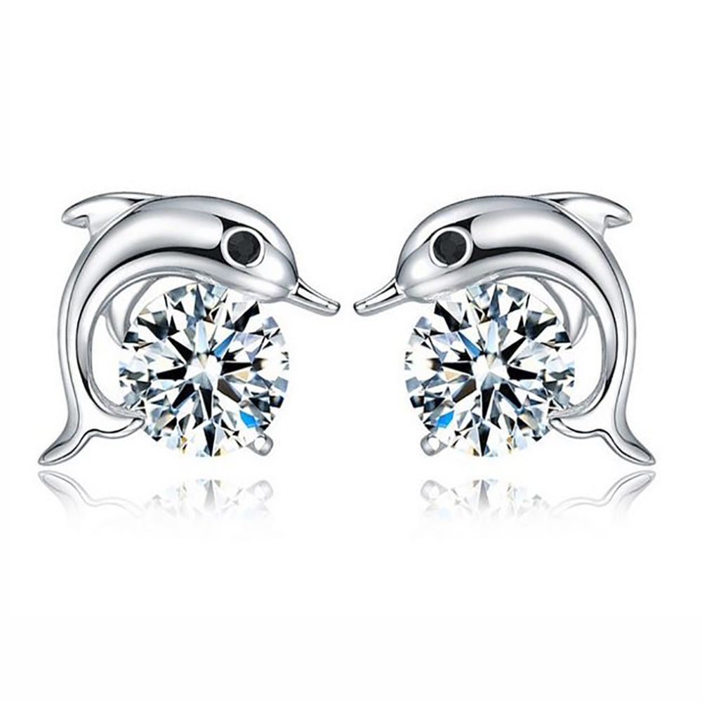 Dolphin Sterling Silver Cubic Zirconia Stud Earrings Women Ginger Lyne Collection - Sterling Silver