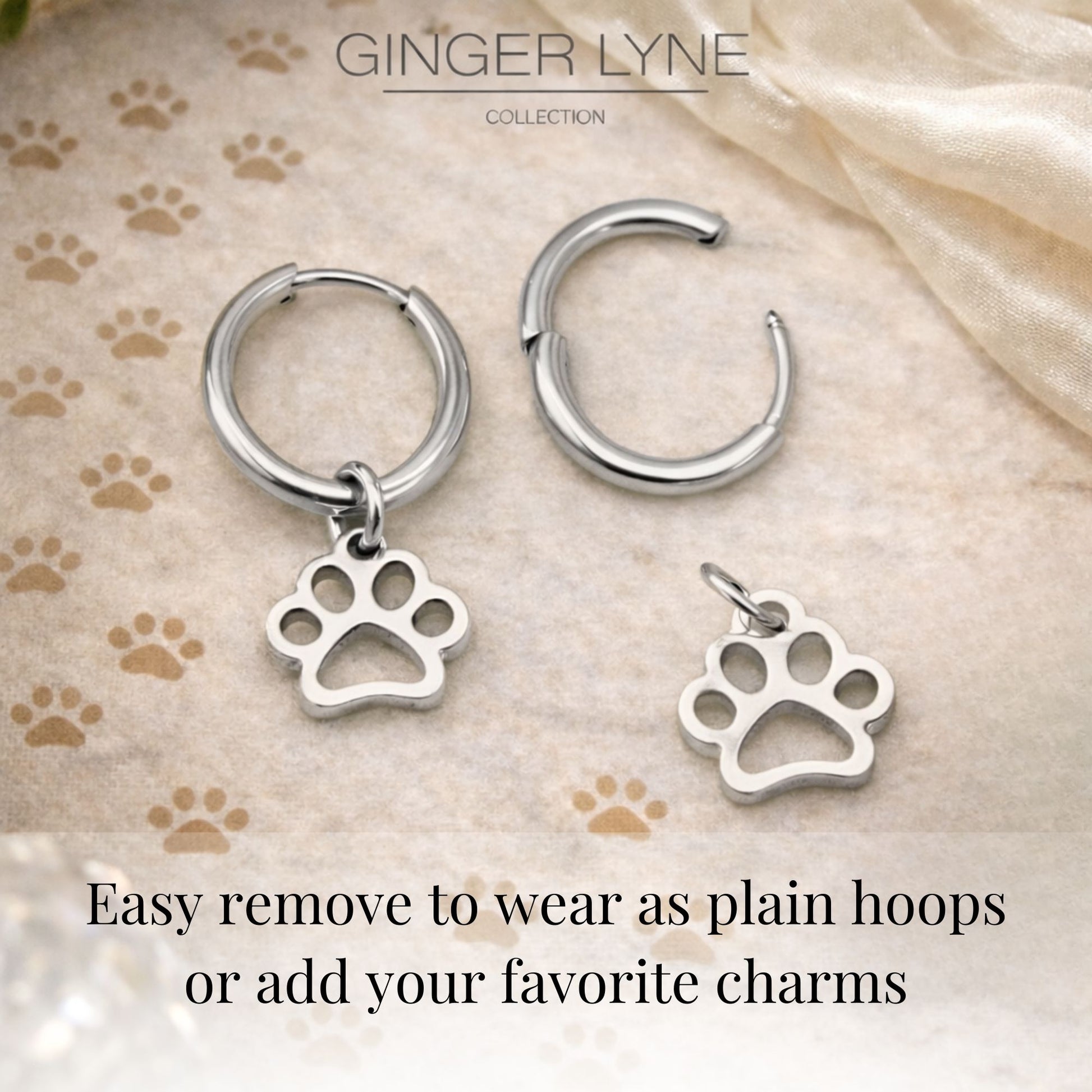 Dog Paw Charm Dangle Huggie Hoop Earrings for Women by Ginger Lyne 16mm Stainless Steel