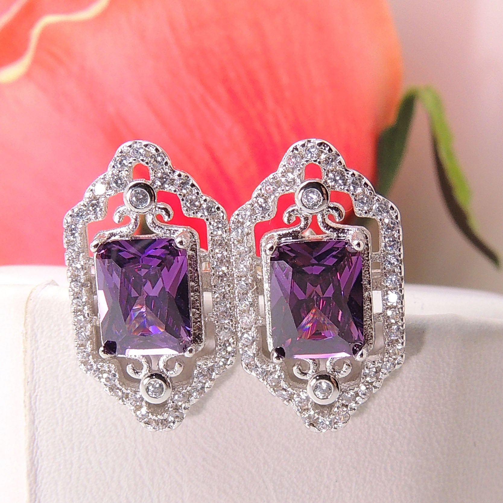 Gigi Filigree Stud Earrings Emerald Cut Purple CZ Womens Ginger Lyne Collection