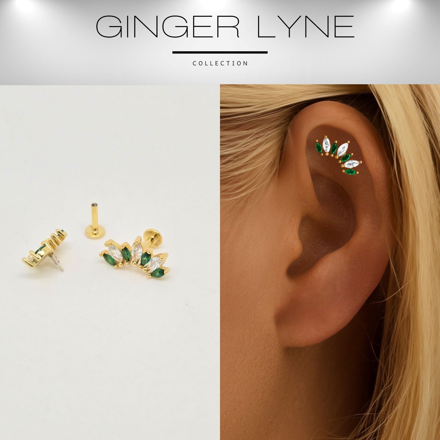 GreenMarquiseCZFlatBackEarringsforCartilageUpperLobeGoldPlatedSterlingSilver1pairbyGingerLyne_Gold-2