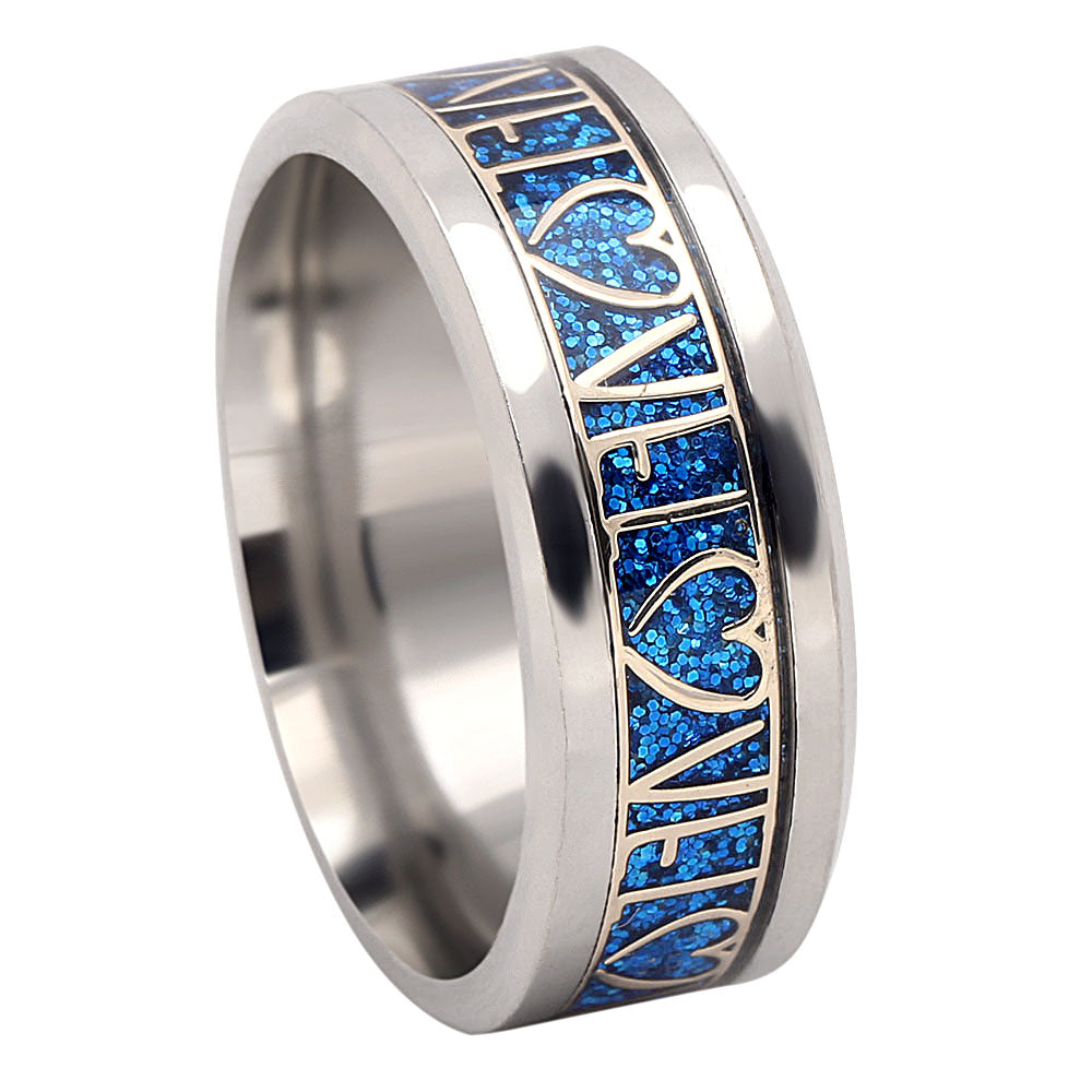 LoveBlueStainlessSteelWeddingBandRingMensorWomensGingerLyneCollection_Blue-1