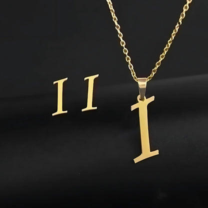 Initial Letter Pendant Necklace Earrings Set for Women Gold Plated Stainless Steel by Ginger Lyne - i