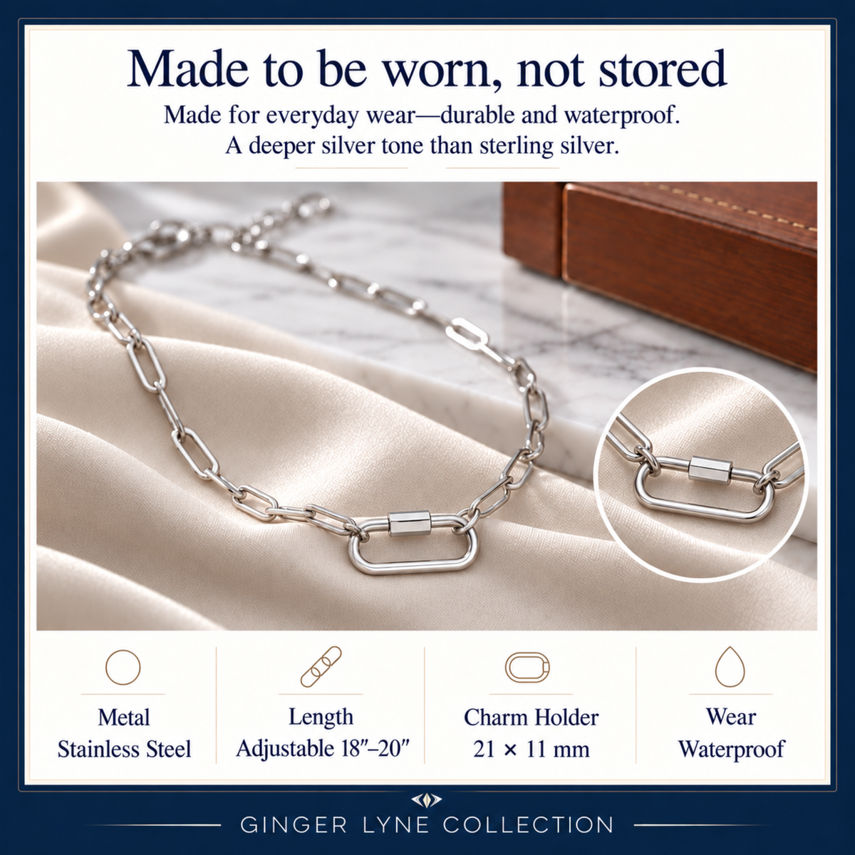 Silver Tone Square Screw Rectangle Carabiner Charm Holder Necklace Paperclip Chain 18-20 Inch Stainless Steel by Ginger Lyne - Silver-PaperclipChain/Rect Sq CH