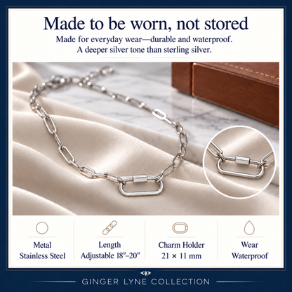 Silver Tone Square Screw Rectangle Carabiner Charm Holder Necklace Paperclip Chain 18-20 Inch Stainless Steel by Ginger Lyne - Silver-PaperclipChain/Rect Sq CH