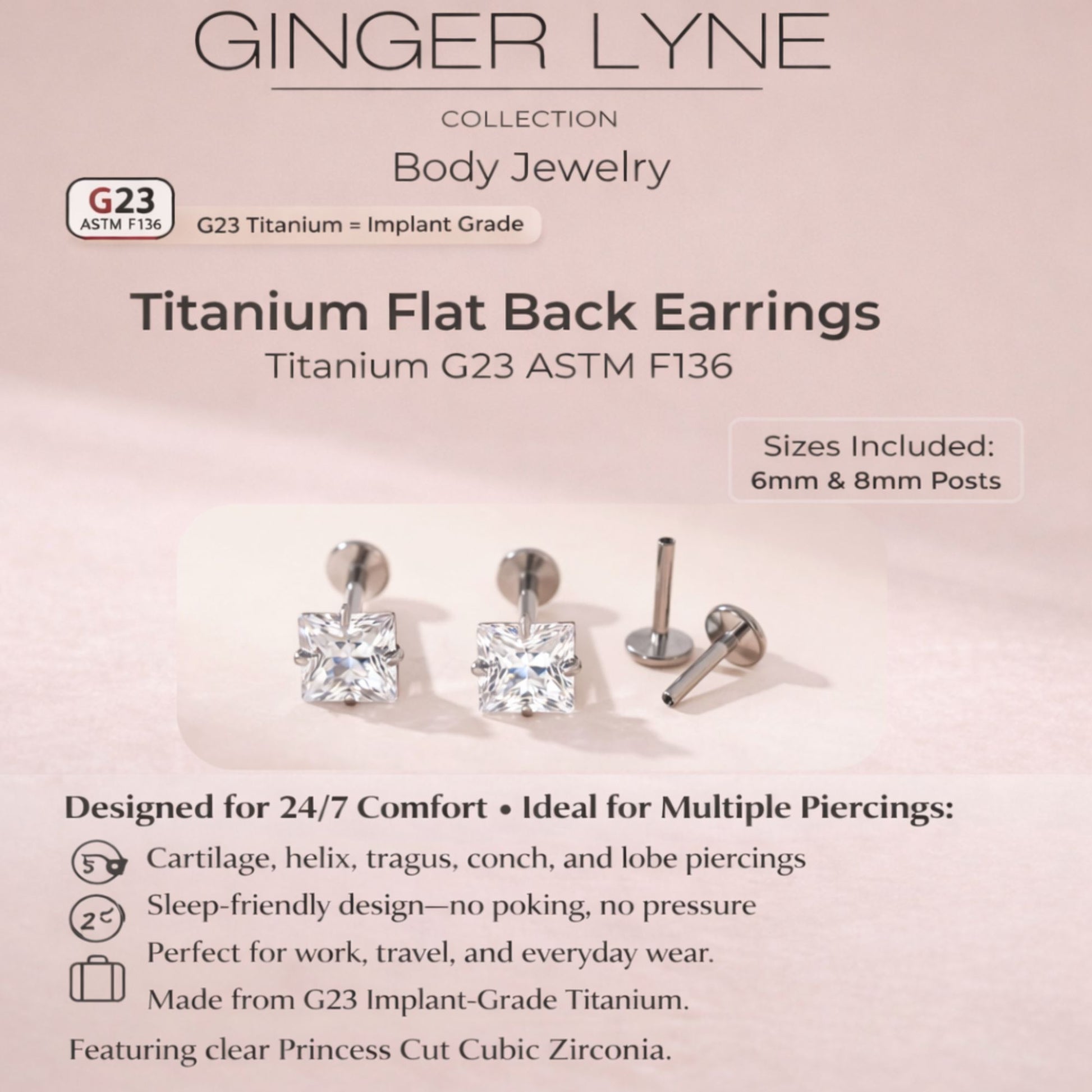 PrincessCutCZ5mmSolitaireFlatBackStudEarringsBodyPiercingsbyGingerLyne2SetsPost6mm8mmIncluded_Clear-2