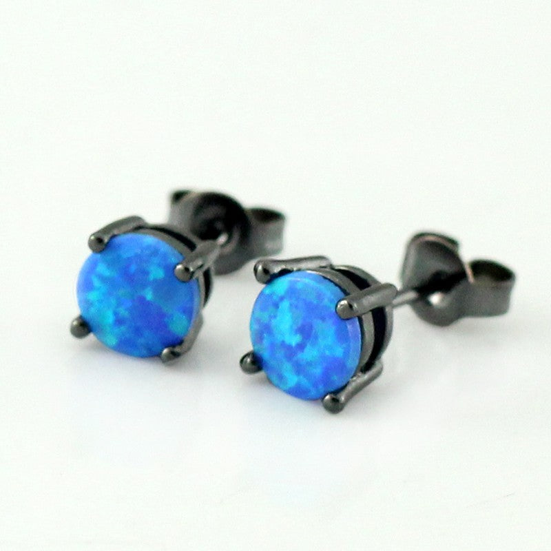 Blue Created Fire Opal Stud Earrings Black Plated for Women by Ginger Lyne Collection - Black/Blue