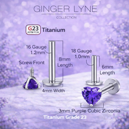 Small Heart CZ Solitaire Flat Back Stud Earrings Titanium Body Piercings by Ginger Lyne 2 Sets Post 6mm 8mm - 3mm-DKPurple
