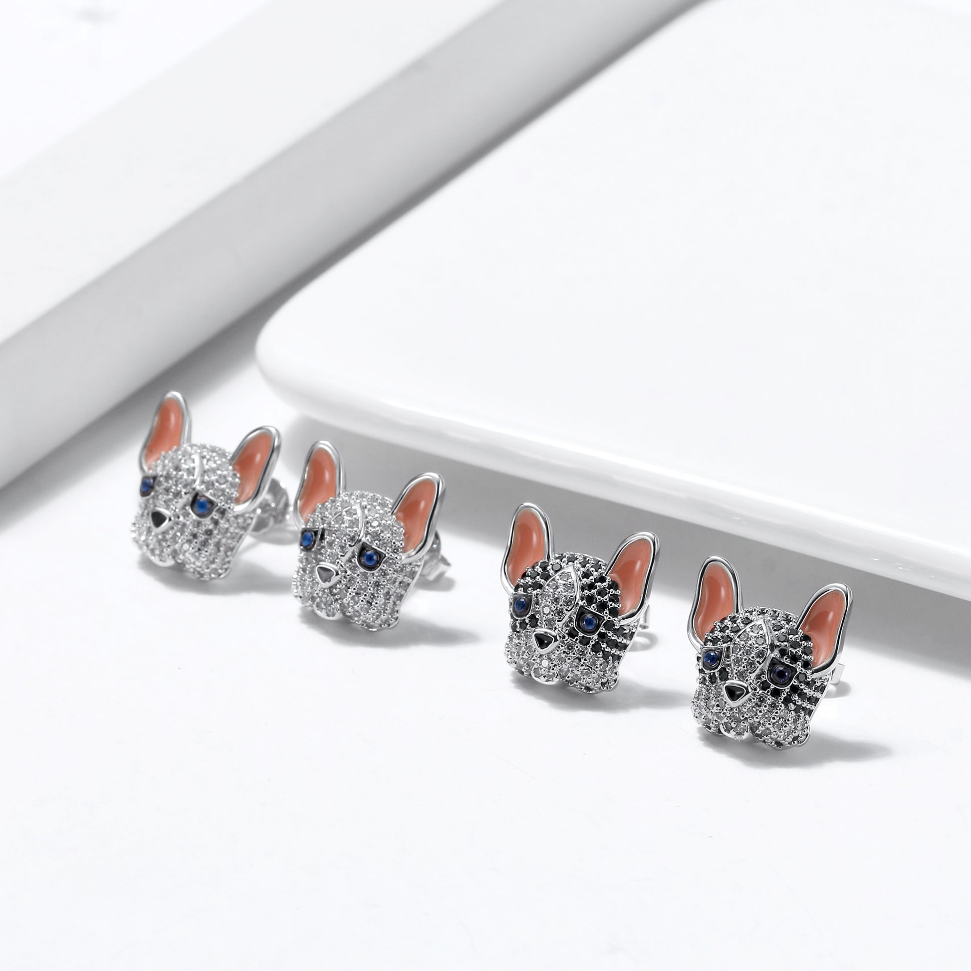 Frenchie Dog Stud Earrings for Women French Bulldog  Cubic Zirconia Ginger Lyne Collection - Frenchie-White