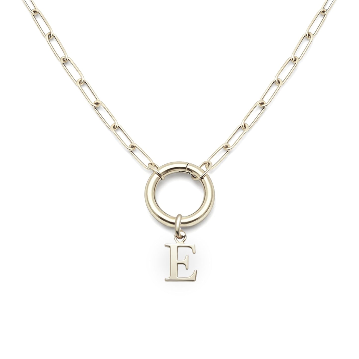 PaperclipLinkCircleCarabinerIntialLetterCharmHolderNecklaceforWomenStainlessSteel20"GingerLyne_Silver-E-1