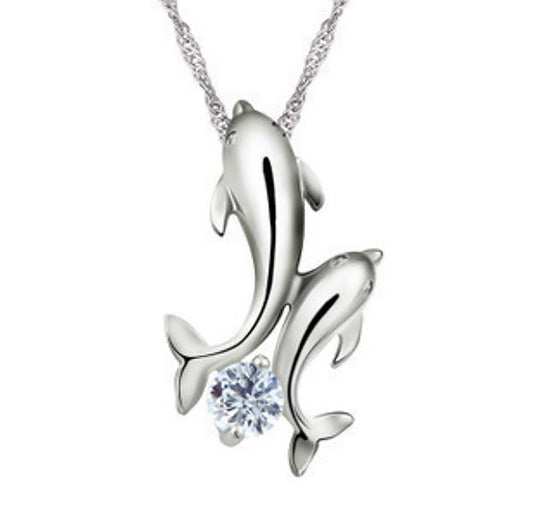 Dolphins Pendant Necklace for Women by Ginger Lyne White Gold Plated or Sterling Silver Cz