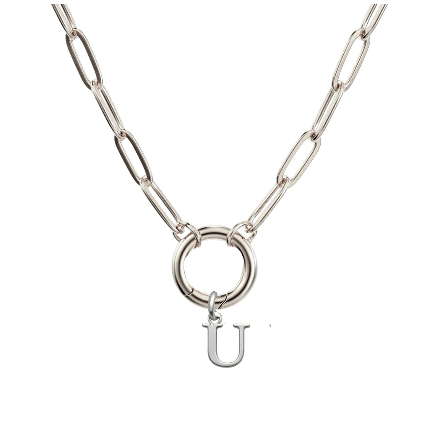 PaperclipLinkCircleCarabinerIntialLetterCharmHolderNecklaceforWomenStainlessSteel20"GingerLyne_Silver-U-1
