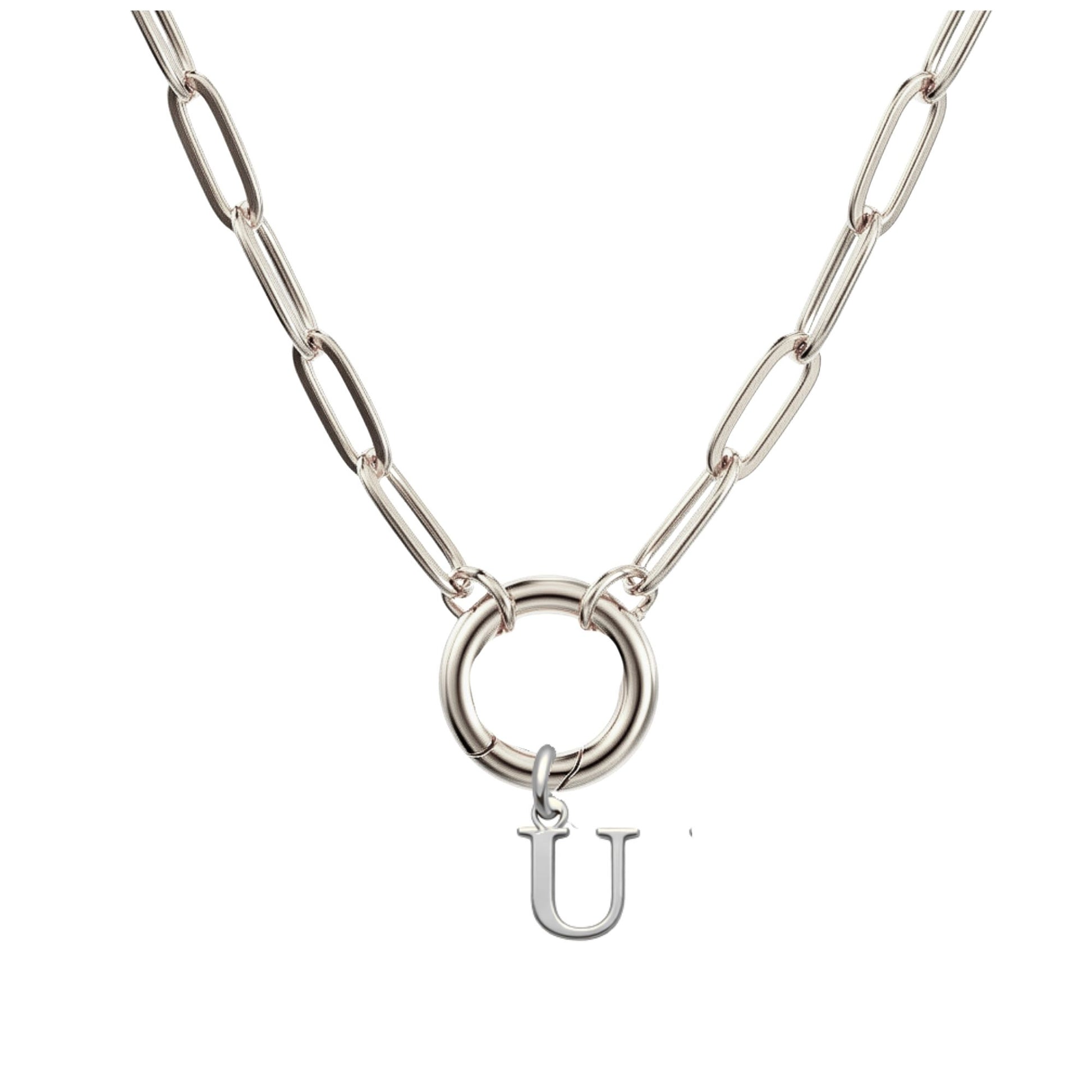 PaperclipLinkCircleCarabinerIntialLetterCharmHolderNecklaceforWomenStainlessSteel20"GingerLyne_Silver-U-1