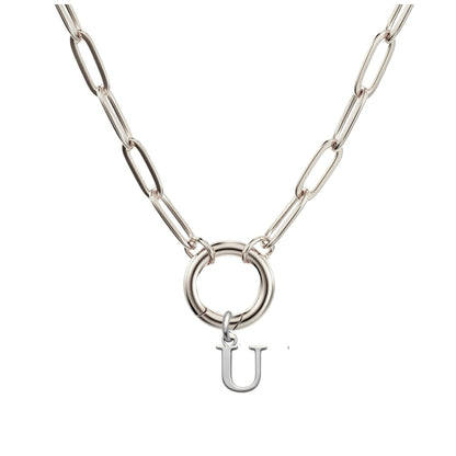 PaperclipLinkCircleCarabinerIntialLetterCharmHolderNecklaceforWomenStainlessSteel20"GingerLyne_Silver-U-1