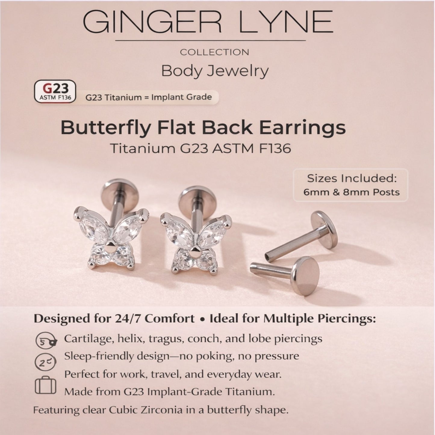 SmallButterflyCZSolitaireFlatBackStudEarringsBodyPiercingsbyGingerLyne2SetsPost6mm8mmIncluded_Clear-5