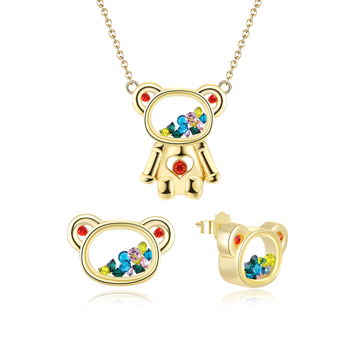 Floating CZ Bear Ring Necklace Earrings Set Girls Women Gold Sterling Silver Ginger Lyne Collection - Set