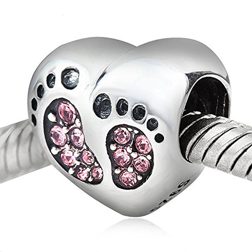 Baby Footprints Heart Charm for Women European Bead CZ Sterling Silver Ginger Lyne Collection - Pink