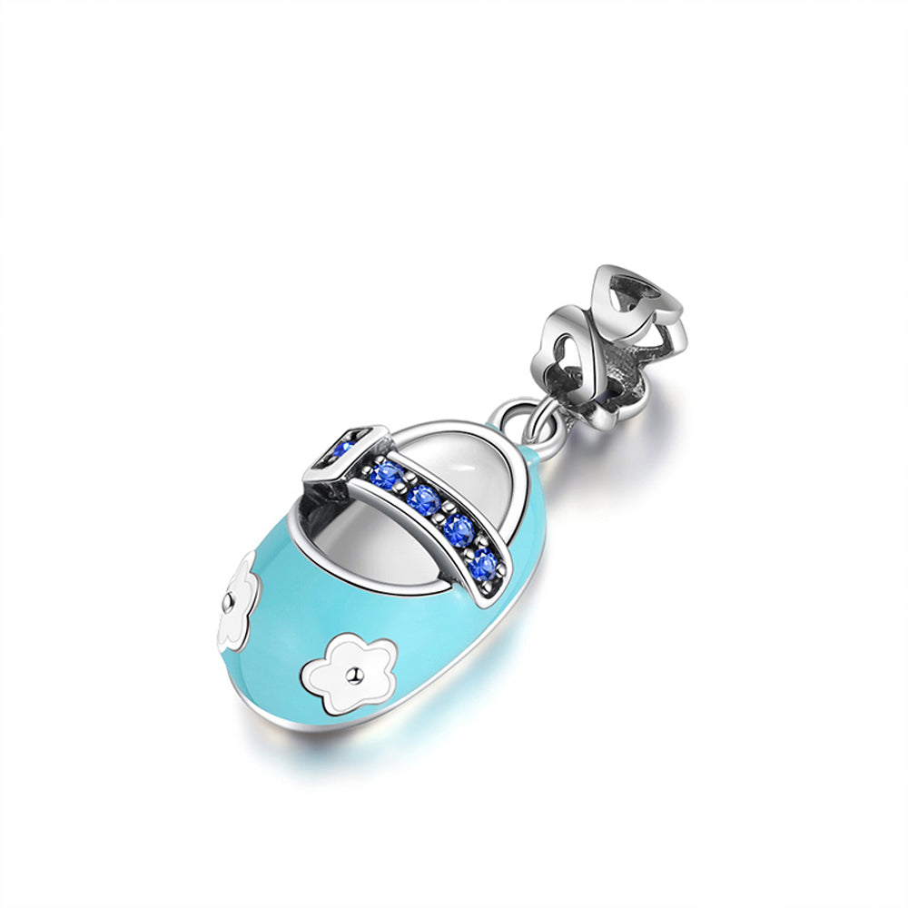 Baby Shoe Charm European Style Blue or Pink Sterling Silver CZ Ginger Lyne Collection - Blue