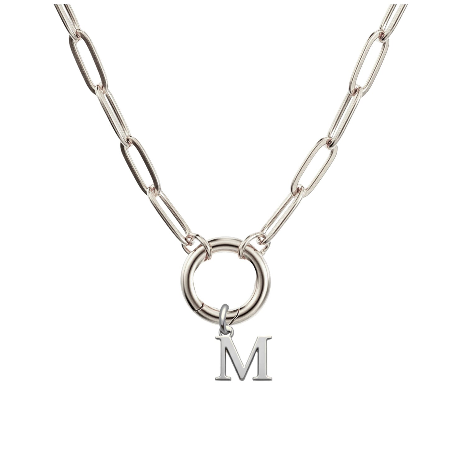 PaperclipLinkCircleCarabinerIntialLetterCharmHolderNecklaceforWomenStainlessSteel20"GingerLyne_Silver-M-1