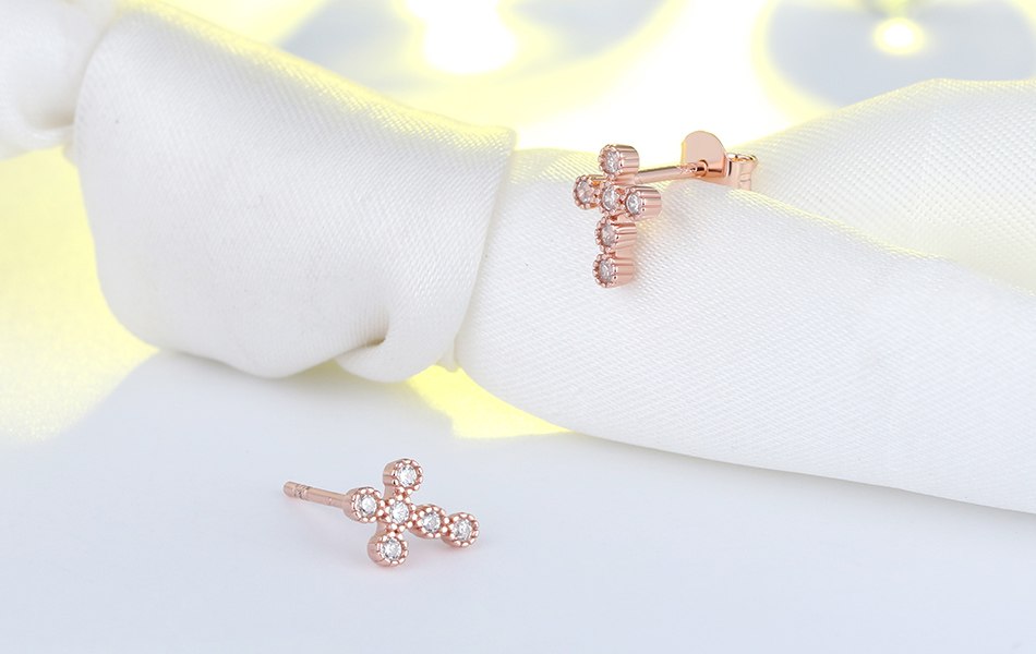 Religious Cross Stud Earrings for Women Cz Sterling Silver Ginger Lyne Collection - Rose Gold
