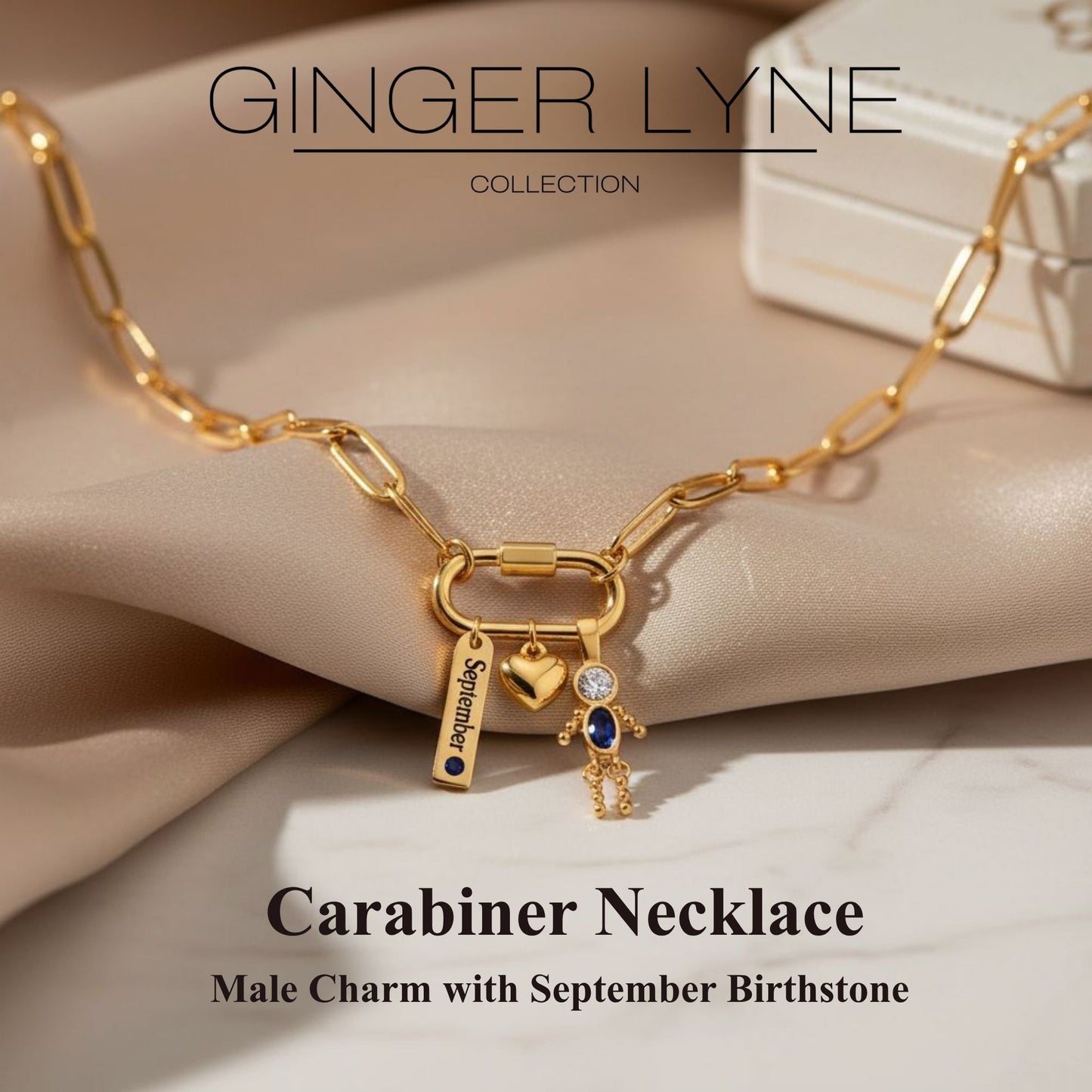 Carabiner Family Birthstone Necklace for Mom or Grandma by Ginger Lyne Stainless Steel CZ Birthday Charms_Male-September-Gold-2