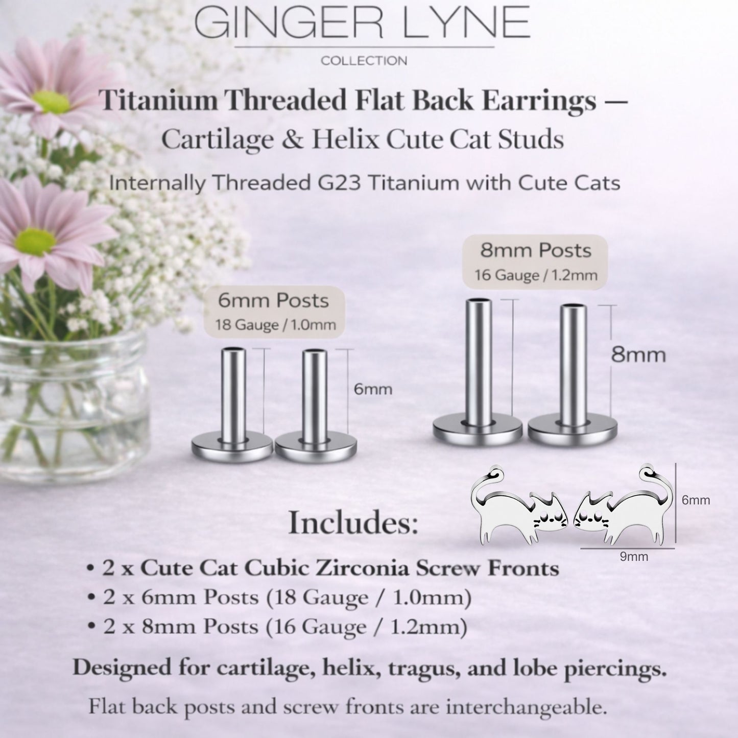 KittyCatTitaniumFlatBackStudEarringsStudBodyPiercingsbyGingerLyne2SetsPost6mm8mm_Silver-3