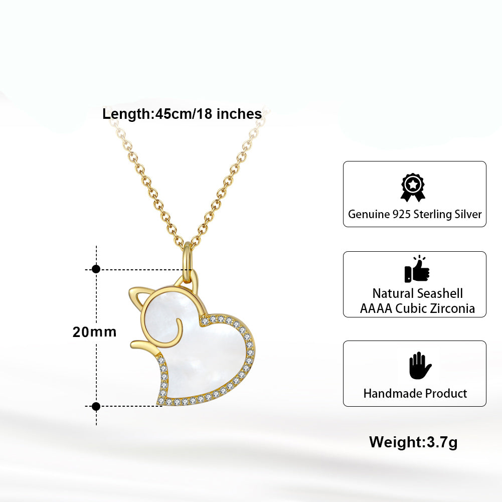 Cat Heart Pendant Necklace for Women Seashell CZ Sterling Silver Ginger Lyne Collection