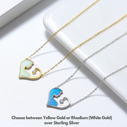 Cat Heart Pendant Necklace for Women Blue Fire Opal CZ Sterling Silver Ginger Lyne Collection - Gold