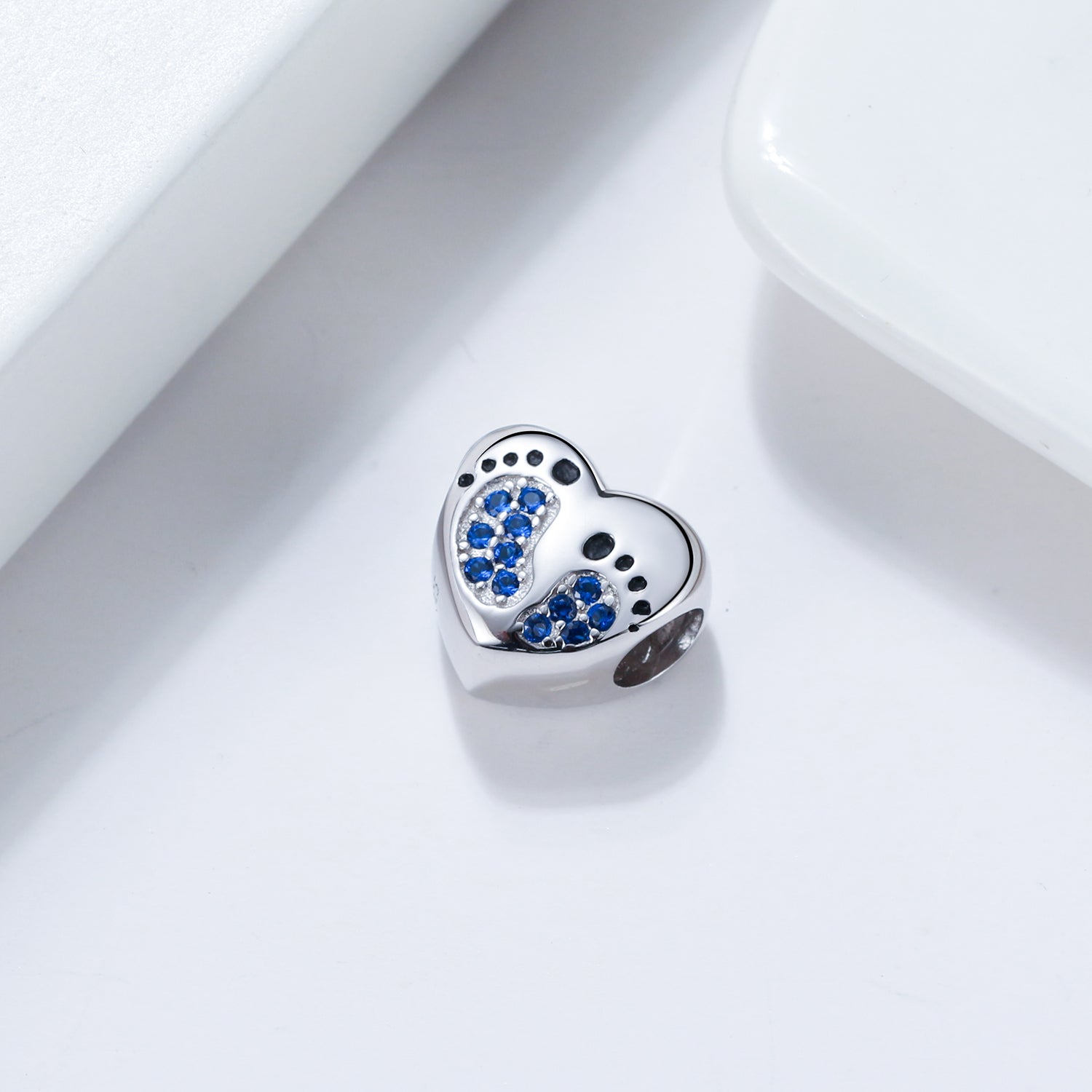 Baby Footprints Heart Charm European Bead CZ Sterling Silver Ginger Lyne Collection - Blue