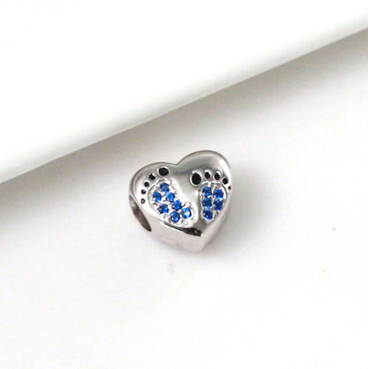 Baby Footprints Heart Charm for Women European Bead CZ Sterling Silver Ginger Lyne Collection - Blue
